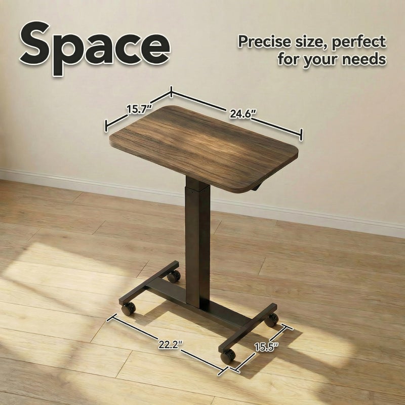 HUANUO Small Rolling Laptop Standing Desk, Height Adjustable Mobile T-Base Desk with Lockable Casters, Portable Sit-Stand Workstation for Bedside & Sofa, Walnut - Image 3