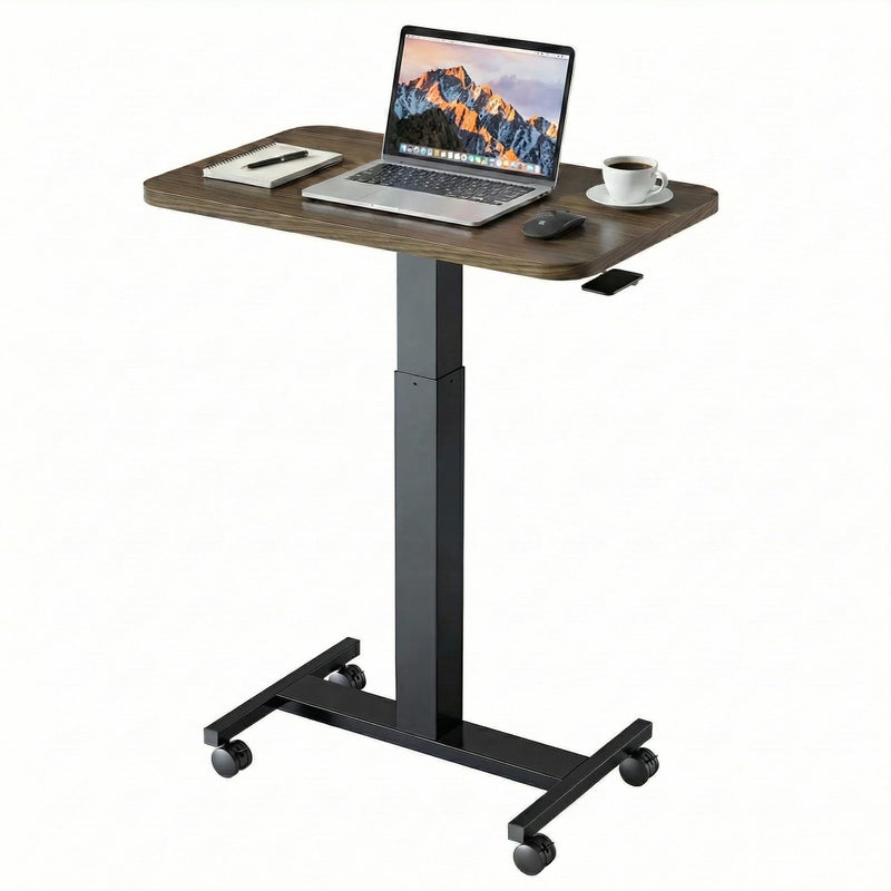 HUANUO Small Rolling Laptop Standing Desk, Height Adjustable Mobile T-Base Desk with Lockable Casters, Portable Sit-Stand Workstation for Bedside & Sofa, Walnut - Image 1
