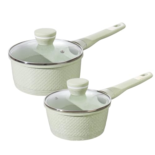 Xuanying Sauce pan set 4 Pcs 1.5Qt & 2.0Qt SaucePan Set with Lid, Non Stick Sauce Pot for Cooking, Easy to Clean, 100% Free PFOA PFAS Cooking all stovetop - Green Granite - Image 1