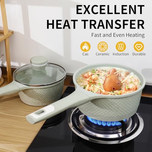 Xuanying Sauce pan set 4 Pcs 1.5Qt & 2.0Qt SaucePan Set with Lid, Non Stick Sauce Pot for Cooking, Easy to Clean, 100% Free PFOA PFAS Cooking all stovetop - Green Granite - Image 5