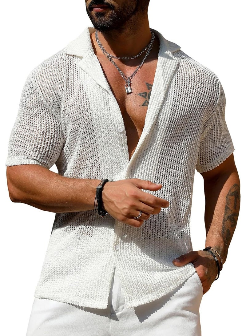 NIBEMINENT Men's Casual Shirt Fashion Breathable Men Cardigan Short Sleeve Knit Tops Summer Hollow Out Beach Button Solid Shirts - Image 1