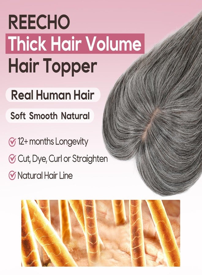 REECHO Human Hair Topper with Bangs for Women Real Human Hair Natural Hairpiece for Daily Wear, Dark Gray - Image 2