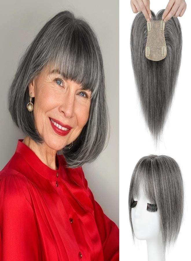 REECHO Human Hair Topper with Bangs for Women Real Human Hair Natural Hairpiece for Daily Wear, Dark Gray - Image 1