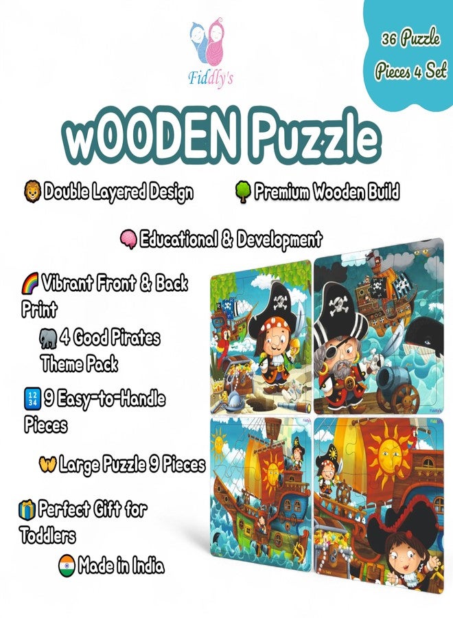 Fiddlys Wooden Jigsaw Puzzles for Kids & Children – 9 Pieces Each, Pack of 4|Double Layered Front & Back Print| Educational Toy for Boys & Girls Age 2 3 4 5 6 Year Old (Good Pirates) - Image 3