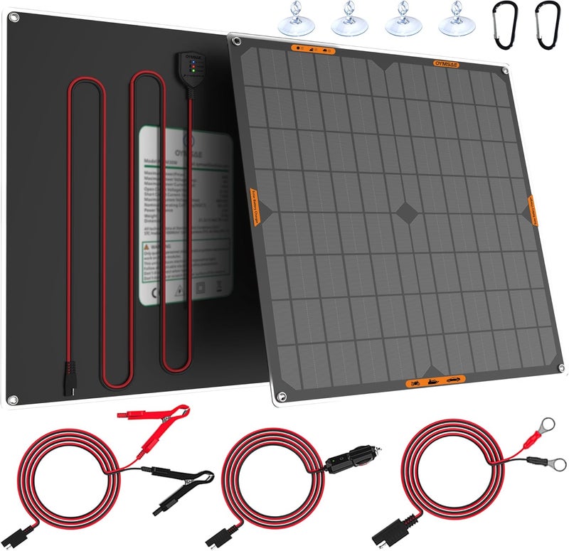 OYMSAE Store 20W 12V Solar Panel Car Battery Charger Portable Waterproof Power Trickle Battery Charger & Maintainer for Car Boat Automotive RV with Cigarette Lighter Plug & Alligator Clip - Image 1
