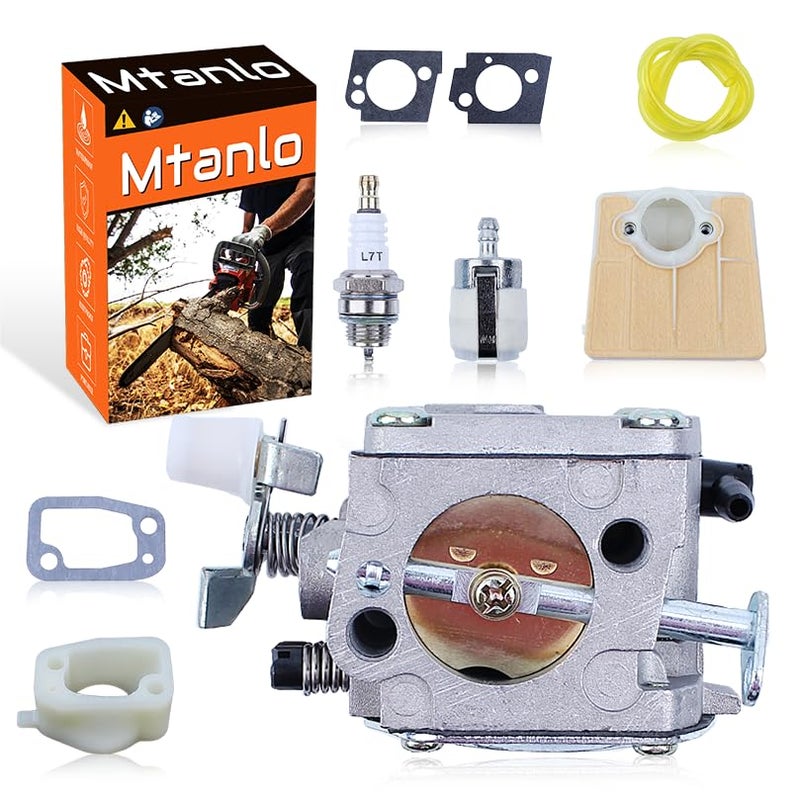 طقم حشيات مشعب سحب المكربن ​​من Mtanlo لـ Husqvarna 181 288 281 281XP 266 61 66، يشمل: مشعب سحب المكربن، حشية مشعب السحب، فلتر الوقود، خط الوقود، فلتر الهواء، وشمعة الإشعال. - Image 1