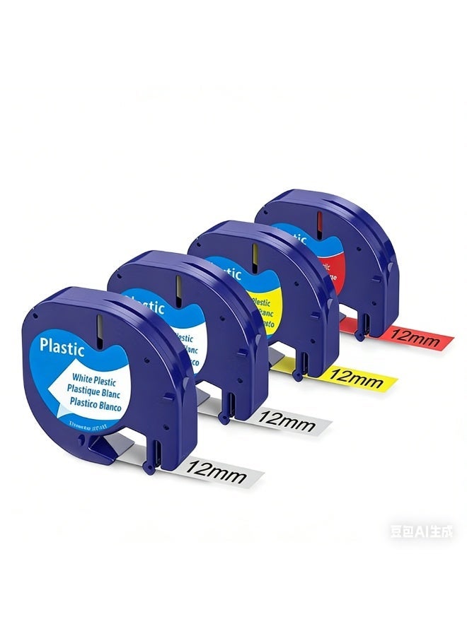 Plastic 4 Pack Compatible with Dymo LetraTag Refills 12mm x 4m Plastic Replacement for Dymo Label Maker Refills for LT100H LT100T QX50 200B Label Makers 91331 91201 91221 Label - Image 1