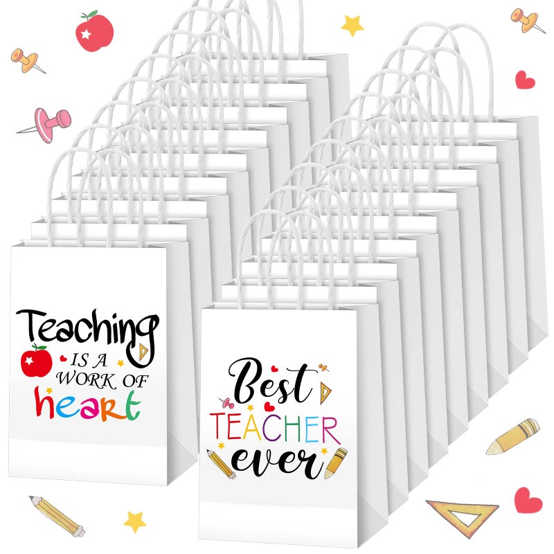 Tinlade 18 Pcs Teacher Appreciation Gift Bags Best Teacher Ever Paper Bags Back to School Gifts Teaching Is a Work of Heart Wrap Pouch with Handle for Teachers Day First End of the School YearWhite