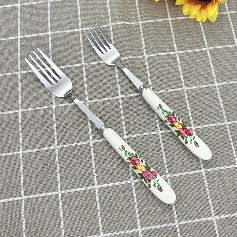 5pcs Floral Print Ceramic Handle Stainless Steel Cutlery Set With Dinner Knife Forks Spoons And Small Forks Spoons For Home Restaurant Hotel Use - Image 5