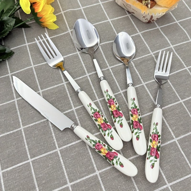 5pcs Floral Print Ceramic Handle Stainless Steel Cutlery Set With Dinner Knife Forks Spoons And Small Forks Spoons For Home Restaurant Hotel Use - Image 1