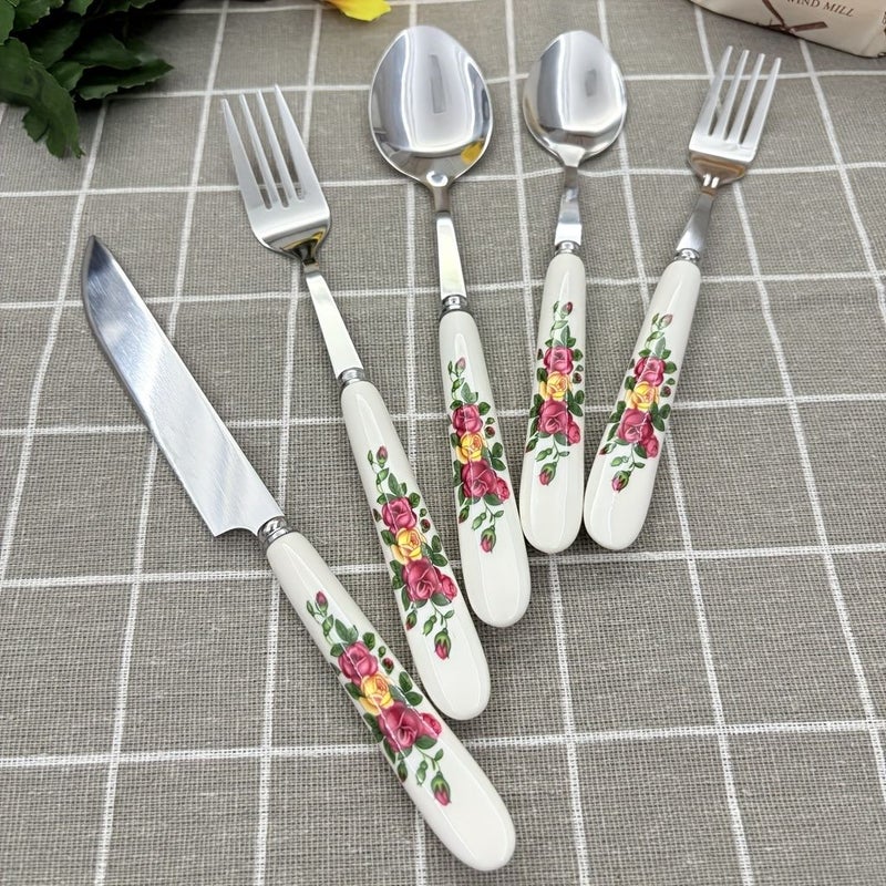 5pcs Floral Print Ceramic Handle Stainless Steel Cutlery Set With Dinner Knife Forks Spoons And Small Forks Spoons For Home Restaurant Hotel Use - Image 2