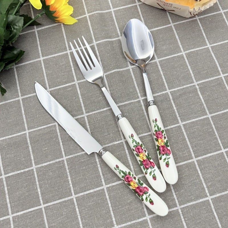 5pcs Floral Print Ceramic Handle Stainless Steel Cutlery Set With Dinner Knife Forks Spoons And Small Forks Spoons For Home Restaurant Hotel Use - Image 4