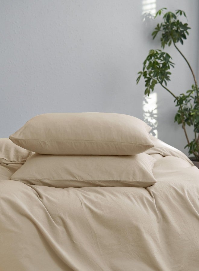 MooMee Bedding Pillowcases Pack of 2 100% Washed Cotton Linen Like Textured Breathable Durable Soft Comfy (Heathered Almond Milk Grey, Queen) - Image 1