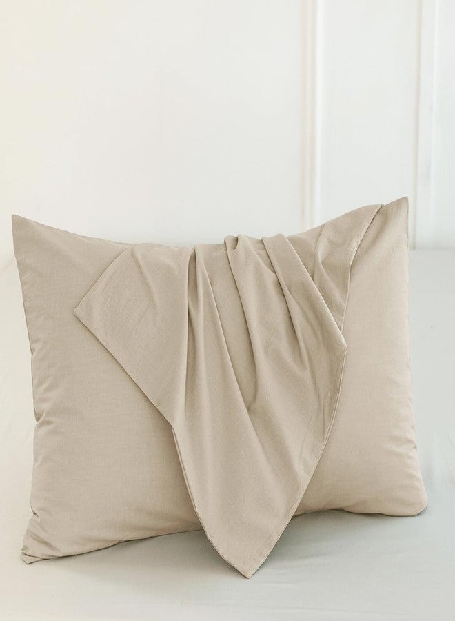 MooMee Bedding Pillowcases Pack of 2 100% Washed Cotton Linen Like Textured Breathable Durable Soft Comfy (Heathered Almond Milk Grey, Queen) - Image 2