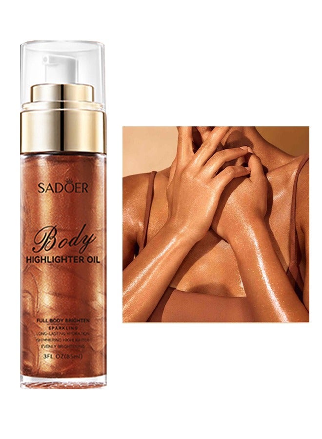 SADOER Body Highlighter Oil -Shimmer Body Oil Bronze Gold Bronze Face Brighten Glow Pearl Highlighter Illuminator body Makeup Shine Glitter Gold Liquid Taning(#04 Golden Brown) - Image 1