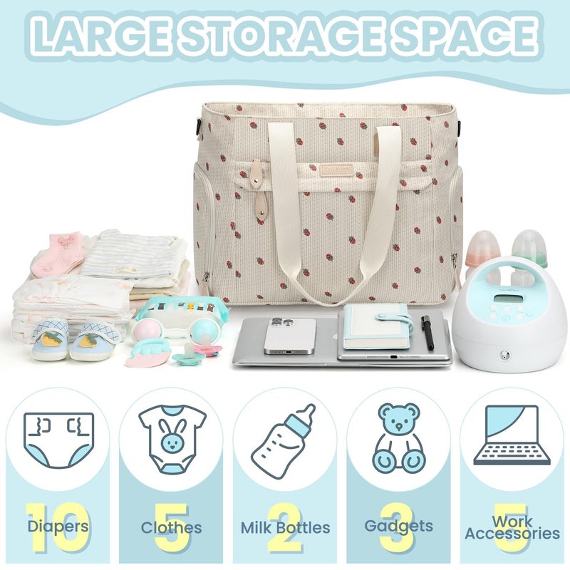 Pritent Large Travel Diaper Bag Tote with 14 Inch Laptop Sleeve, Breast Pump Bag for Mom and Dad, Mommy Maternity Travel Baby Bag for Boys and Girls, Strawberry - Image 3