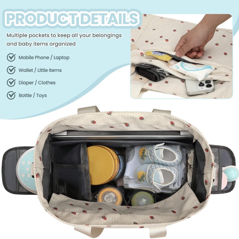 Pritent Large Travel Diaper Bag Tote with 14 Inch Laptop Sleeve, Breast Pump Bag for Mom and Dad, Mommy Maternity Travel Baby Bag for Boys and Girls, Strawberry - Image 2