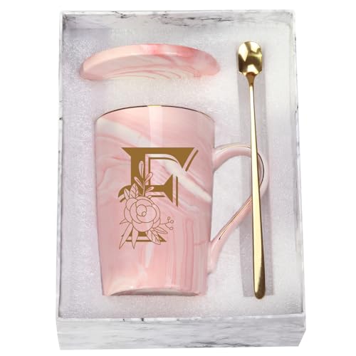 WENSSY Letter F Personalized Initial Mugs with Flower, Letter F Personalized Novelty Coffee Mug, Novelty Letter Coffee Mugs for Women, Bridal Shower Gifts, Women's Initials Gifts Coffee Mug 14 Ounce Pink - Image 1
