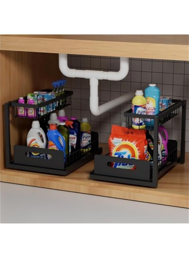 تراسل منظم قابل للسحب من طابقين تحت الحوض، عبارة عن رف تخزين قابل للسحب من خزانة مكون من جزأين مع درج سلكي قابل للسحب لتخزين الحمام أو المطبخ أو سطح العمل أو المخزن. - Image 1