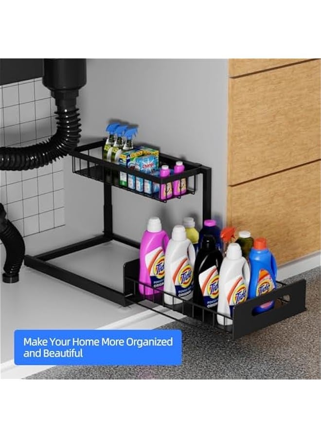 تراسل منظم قابل للسحب من طابقين تحت الحوض، عبارة عن رف تخزين قابل للسحب من خزانة مكون من جزأين مع درج سلكي قابل للسحب لتخزين الحمام أو المطبخ أو سطح العمل أو المخزن. - Image 5