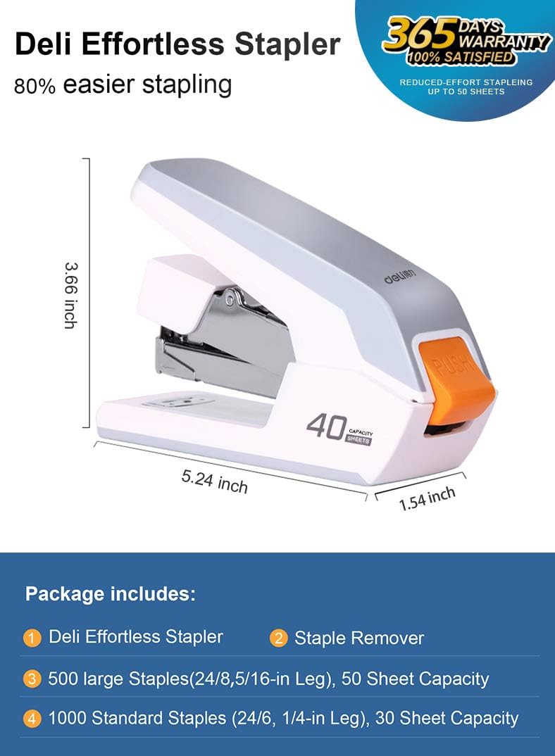 Leven Deli Effortless Desktop Stapler, 40 Sheet Capacity, One Finger Touch Stapling, Easy to Load Ergonomic Heavy Duty Stapler, Includes 1500 Staples and Staple Remover - Image 2