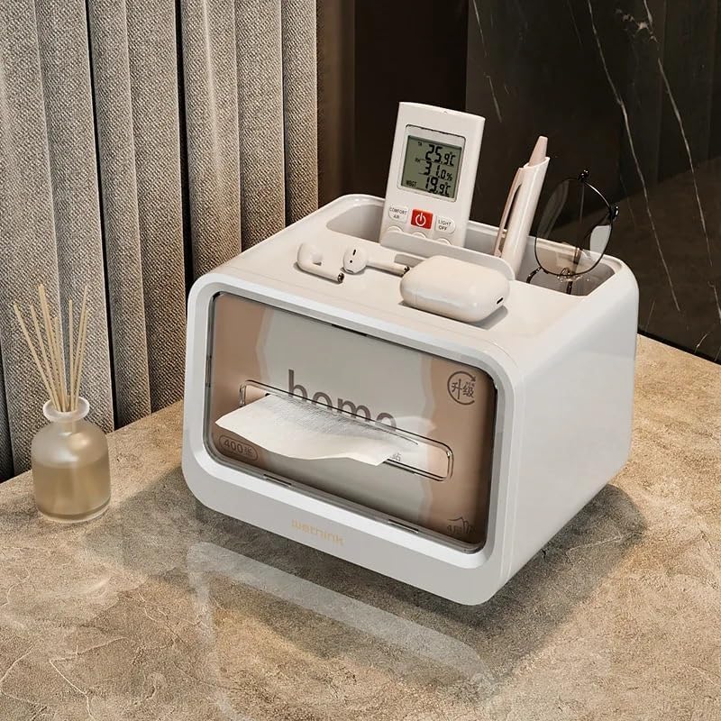 Apexx Multifunctional Tissue Box with Makeup Brush & Remote Holder - Sleek Magnetic Organizer for Home, Office & Bedroom with Modern Transparent Design (White) - Image 2