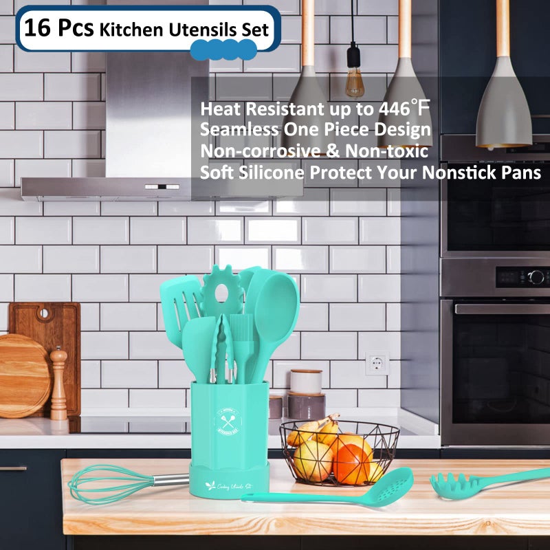 Deedro Silicone Kitchen Utensils Set, 16-Piece Silicone Cooking Utensils by Deedro, Heat Resistant Kitchen Tools Set with Holder, Nonstick Spatula Kitchen Gadgets for Cooking & Baking, Green - Image 3