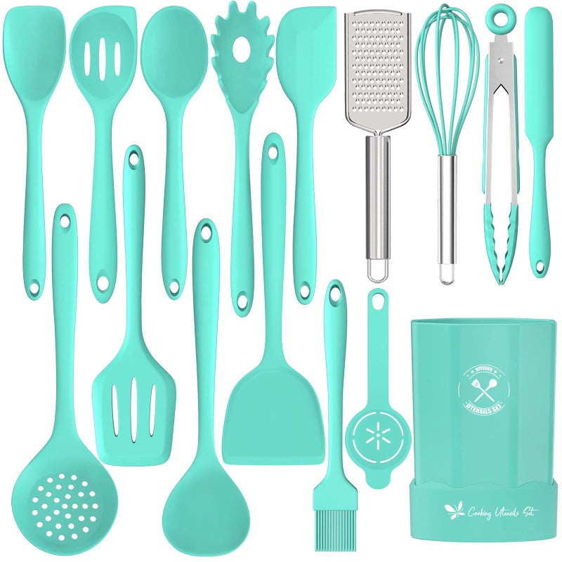 Deedro Silicone Kitchen Utensils Set, 16-Piece Silicone Cooking Utensils by Deedro, Heat Resistant Kitchen Tools Set with Holder, Nonstick Spatula Kitchen Gadgets for Cooking & Baking, Green - Image 1
