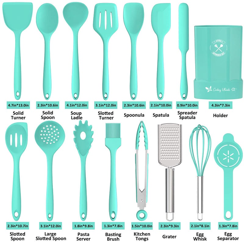Deedro Silicone Kitchen Utensils Set, 16-Piece Silicone Cooking Utensils by Deedro, Heat Resistant Kitchen Tools Set with Holder, Nonstick Spatula Kitchen Gadgets for Cooking & Baking, Green - Image 2