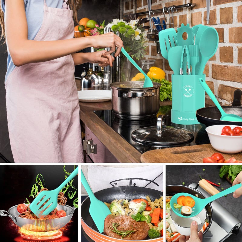 Deedro Silicone Kitchen Utensils Set, 16-Piece Silicone Cooking Utensils by Deedro, Heat Resistant Kitchen Tools Set with Holder, Nonstick Spatula Kitchen Gadgets for Cooking & Baking, Green - Image 5