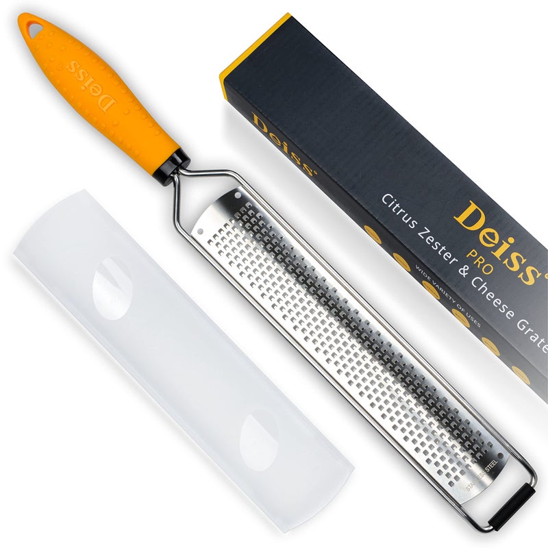 Deiss PRO Citrus Lemon Zester  Cheese Grater  Parmesan Cheese Lemon Ginger Garlic Nutmeg Chocolate Vegetables Fruits  RazorSharp Stainless Steel Blade  Protect Cover  Dishwasher Safe