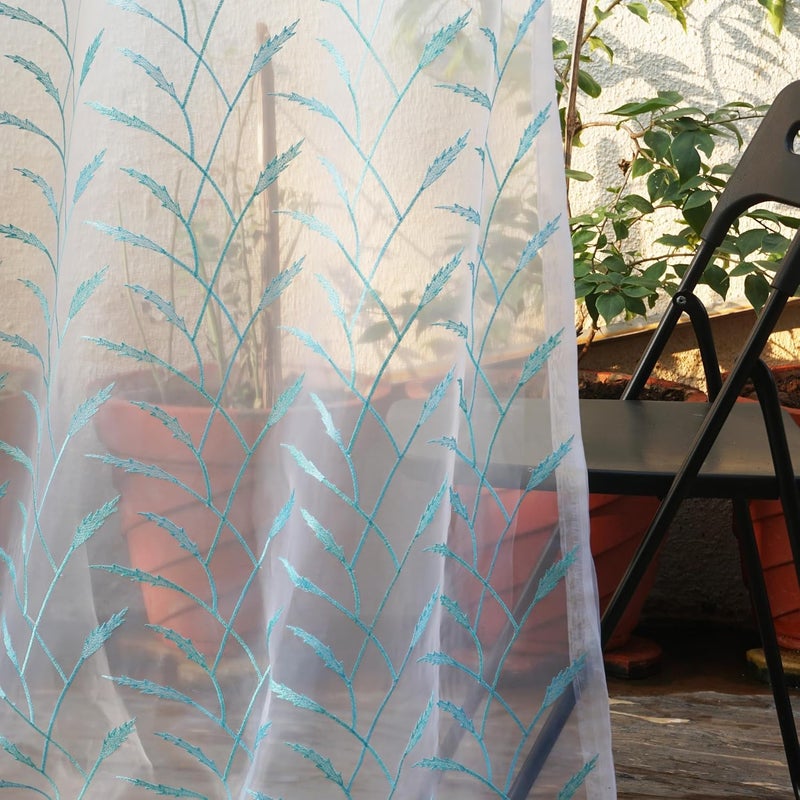 Parda Online 9Ft Blue Sheer Tissue Embroidered Eyelet Window Curtain - Pack of 2 - Image 1