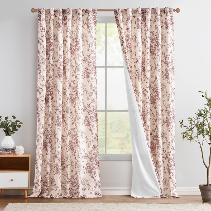 jinchan Lined Linen Blend Curtain Floral Curtains for Living Room 96 Inches Long Farmhouse Red Flower Printed Curtain Rod Pocket Back Tab Peony Patterned Drapes Curtains Set 2 Panels - Image 1