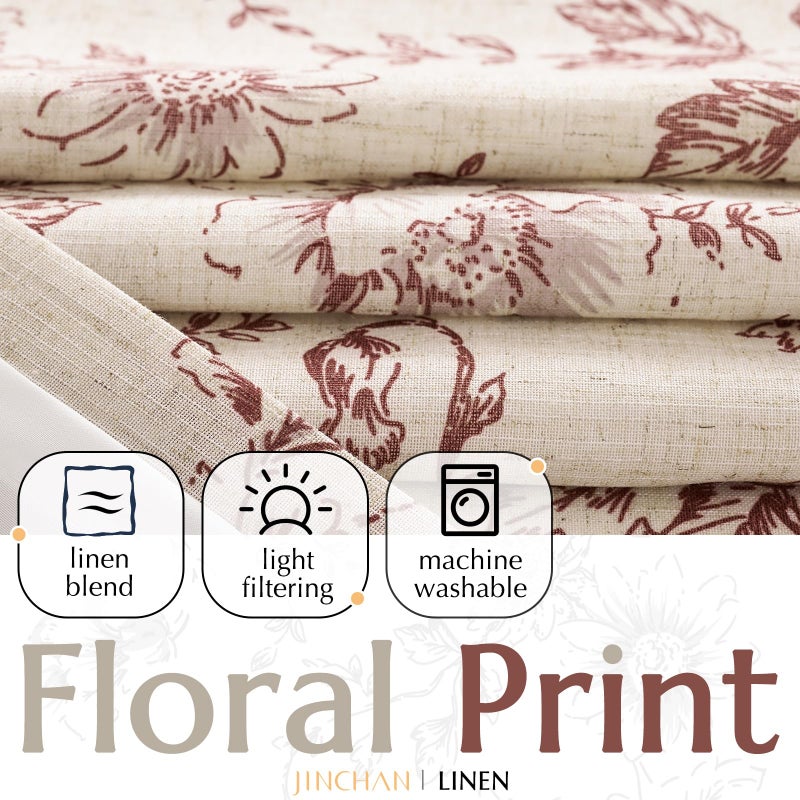 jinchan Lined Linen Blend Curtain Floral Curtains for Living Room 96 Inches Long Farmhouse Red Flower Printed Curtain Rod Pocket Back Tab Peony Patterned Drapes Curtains Set 2 Panels - Image 2