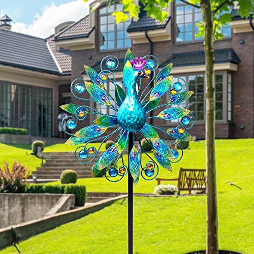 VEWOSTAR Outdoor Wind Spinner 58" Metal Peacock Wind Spinner Double Peacock Wind Sculpture for Garden Yard Patio Decoration - Image 4