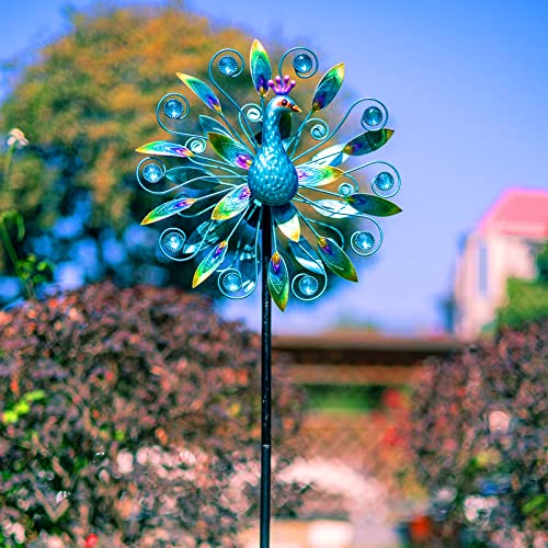 VEWOSTAR Outdoor Wind Spinner 58" Metal Peacock Wind Spinner Double Peacock Wind Sculpture for Garden Yard Patio Decoration - Image 2