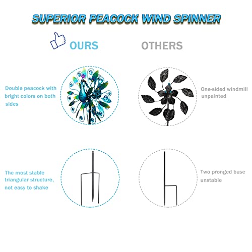 VEWOSTAR Outdoor Wind Spinner 58" Metal Peacock Wind Spinner Double Peacock Wind Sculpture for Garden Yard Patio Decoration - Image 5