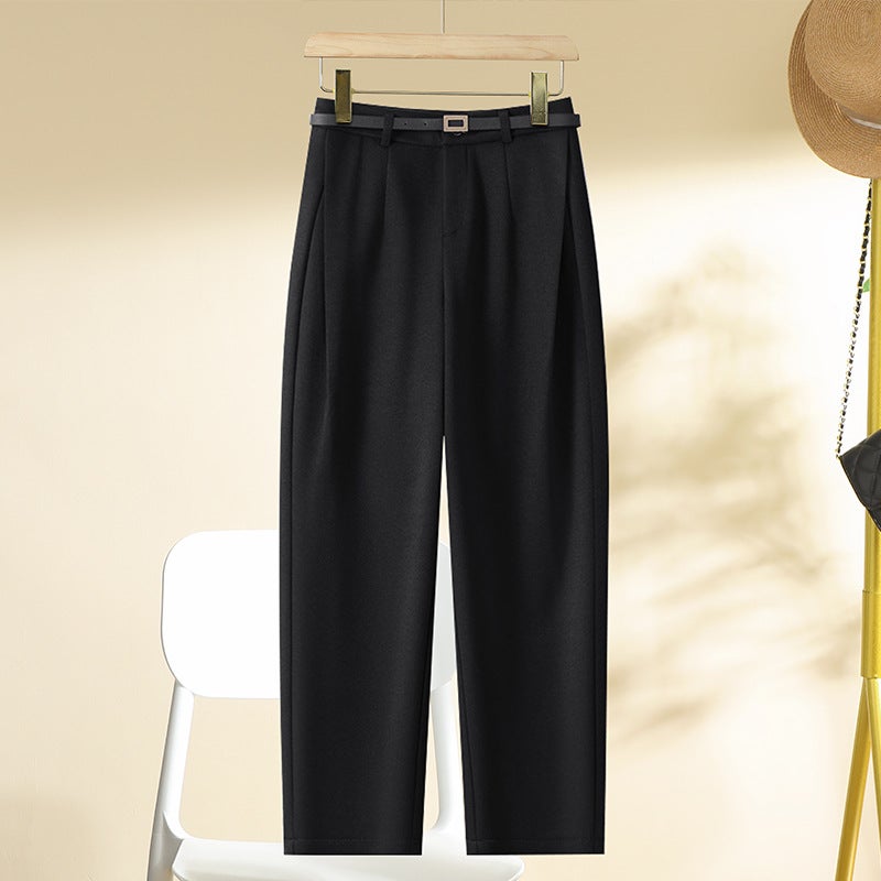 brown Harlan Pants Autumn and Winter Woolen Thickened Cropped Pants Womens Straight Pants Hip Covering Slimming Smoke Tube Pants Casual Pants Black-fleece-lined - Image 1