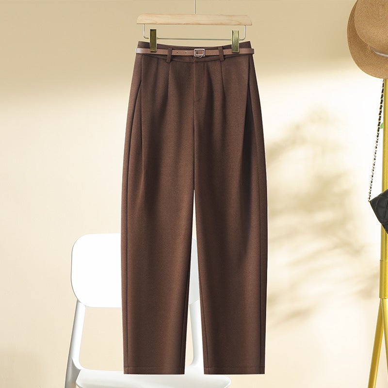 brown Harlan Pants Autumn and Winter Woolen Thickened Cropped Pants Womens Straight Pants Hip Covering Slimming Smoke Tube Pants Casual Pants Black-fleece-lined - Image 2