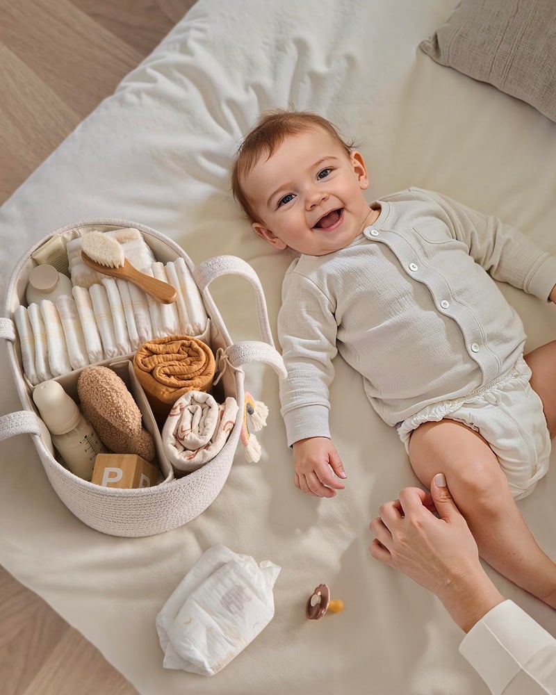 Blissful Diary Baby Diaper Caddy Organizer, Cotton Rope Diaper Caddy Basket, Oval Storage Basket, Gift for Baby Shower, Newborn Essentials, Beige - Image 4