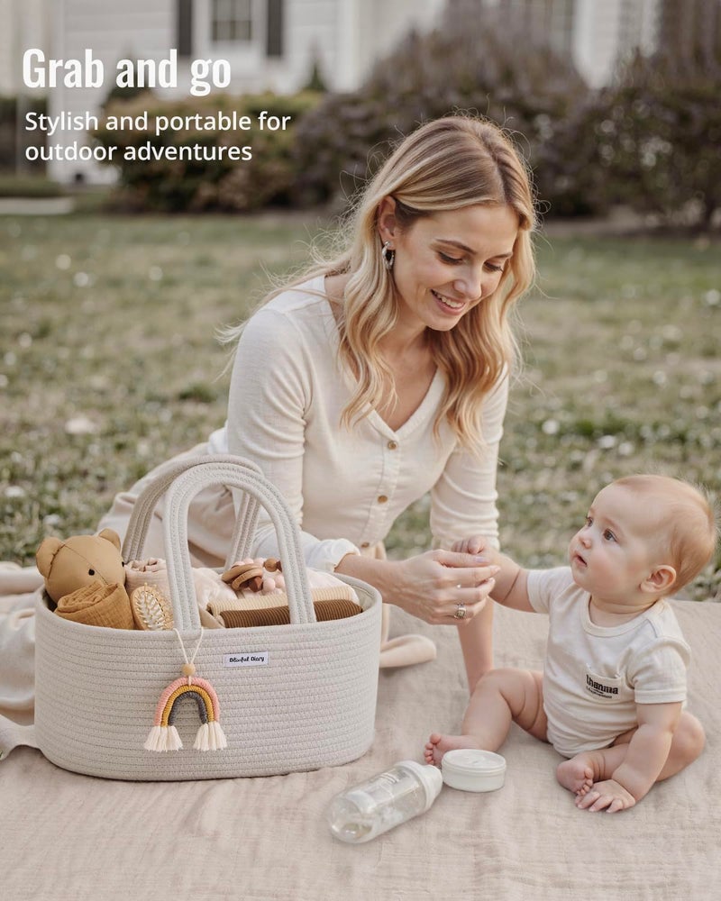 Blissful Diary Baby Diaper Caddy Organizer, Cotton Rope Diaper Caddy Basket, Oval Storage Basket, Gift for Baby Shower, Newborn Essentials, Beige - Image 5