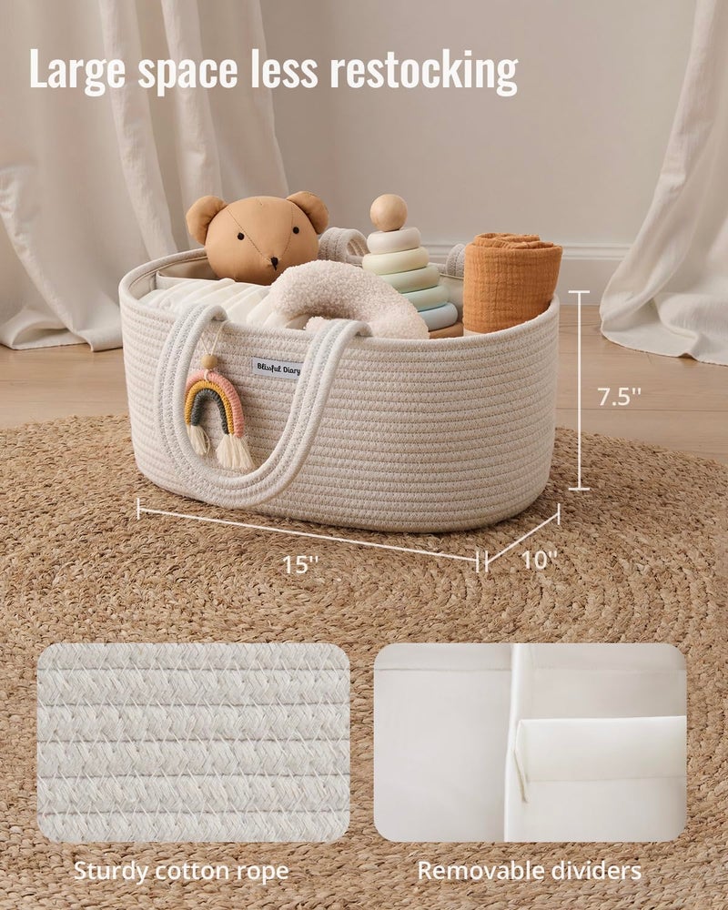 Blissful Diary Baby Diaper Caddy Organizer, Cotton Rope Diaper Caddy Basket, Oval Storage Basket, Gift for Baby Shower, Newborn Essentials, Beige - Image 3