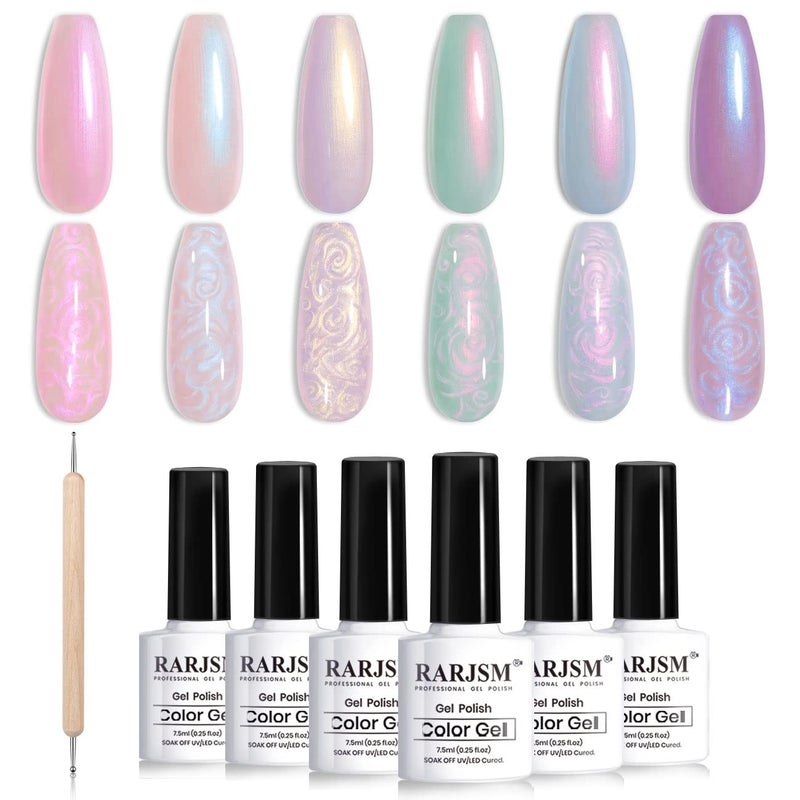 RARJSM Pearl Gel Nail Polish Glitter Pearlescent Shell Gel Polish Pink Beige Pearl Blue Green Purple Shimmer Mermaid Swirl Thread Effect Nailgel Soak Off Curing Requires DIY Manicure Use - Image 1