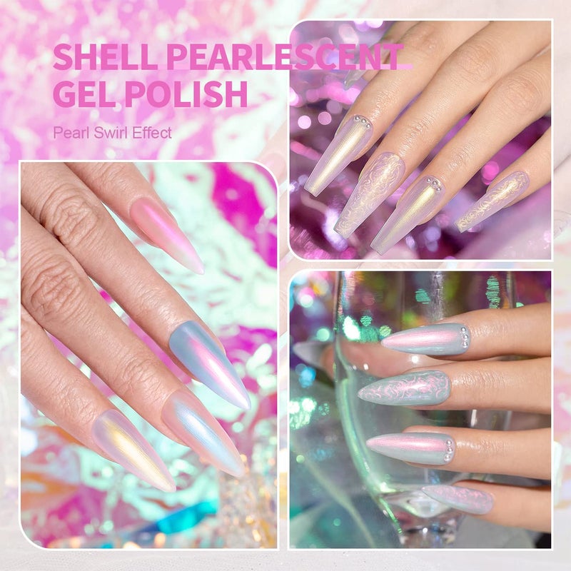 RARJSM Pearl Gel Nail Polish Glitter Pearlescent Shell Gel Polish Pink Beige Pearl Blue Green Purple Shimmer Mermaid Swirl Thread Effect Nailgel Soak Off Curing Requires DIY Manicure Use - Image 2