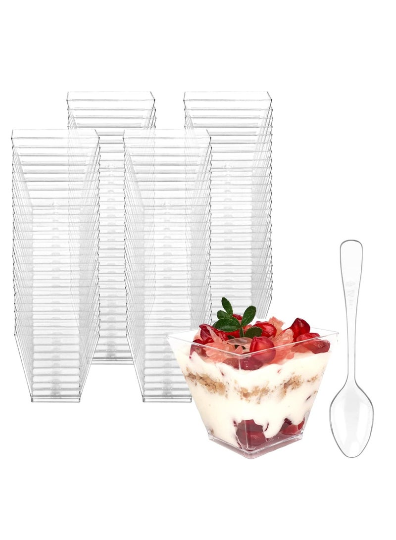 أوزيغالور 100 حزمة من كؤوس الحلوى المصغرة 2 أونصة مع الملعقات، كؤوس المقبلات الصغيرة والمربعة والبلاستيك الشفاف، كؤوس البارفيه المستخدمة مجددًا - Image 1