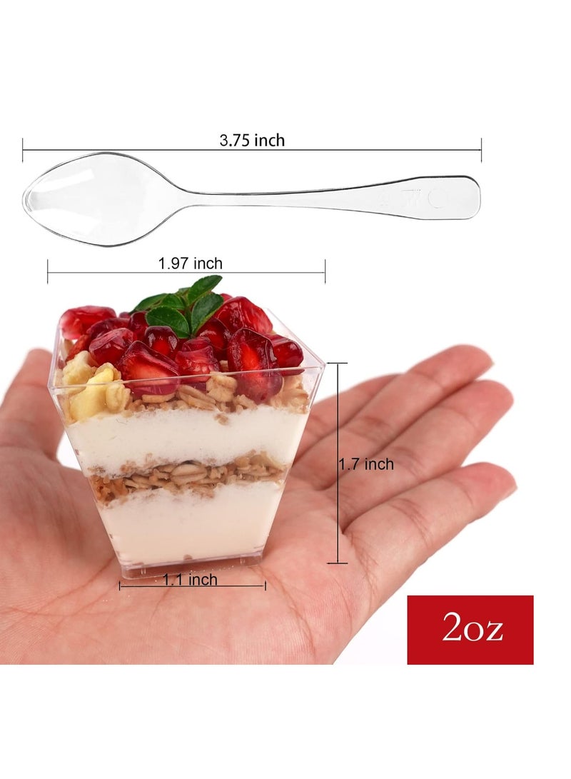 أوزيغالور 100 حزمة من كؤوس الحلوى المصغرة 2 أونصة مع الملعقات، كؤوس المقبلات الصغيرة والمربعة والبلاستيك الشفاف، كؤوس البارفيه المستخدمة مجددًا - Image 3