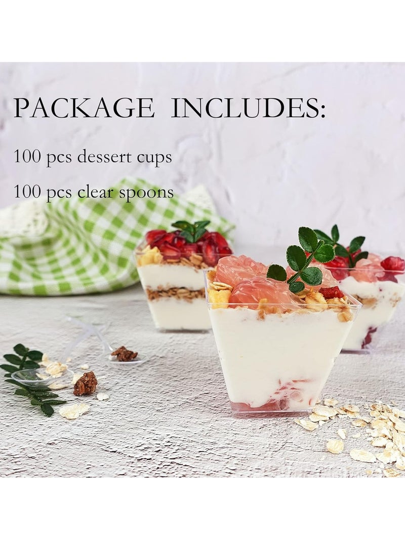 أوزيغالور 100 حزمة من كؤوس الحلوى المصغرة 2 أونصة مع الملعقات، كؤوس المقبلات الصغيرة والمربعة والبلاستيك الشفاف، كؤوس البارفيه المستخدمة مجددًا - Image 4