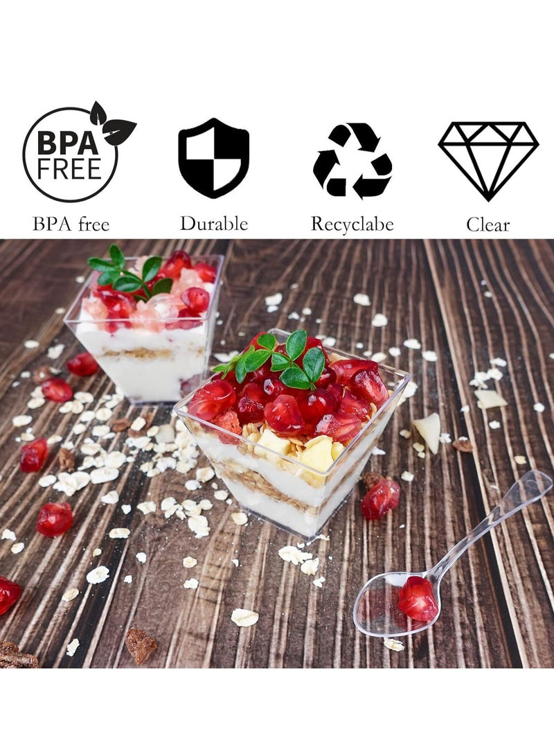 أوزيغالور 100 حزمة من كؤوس الحلوى المصغرة 2 أونصة مع الملعقات، كؤوس المقبلات الصغيرة والمربعة والبلاستيك الشفاف، كؤوس البارفيه المستخدمة مجددًا - Image 5