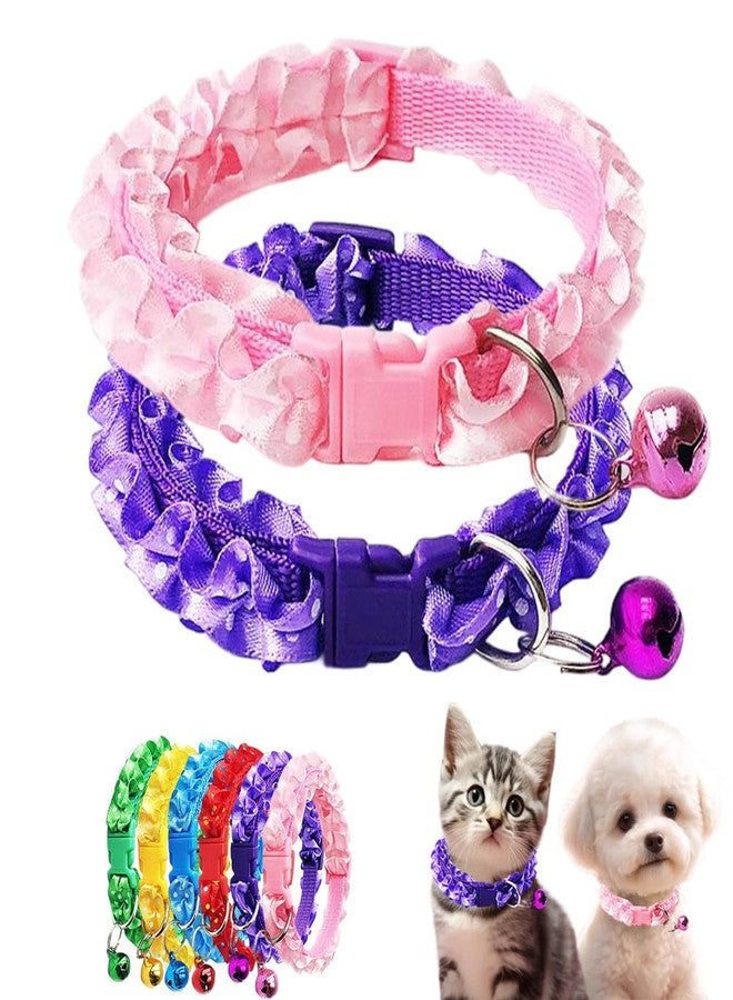 cyhaen XXS Dog Collar with Bell,2-Pack Girl Puppy Collar with Bell,Wave Point Lace Kitten Collar Adjustable Buckle for XXS Xs Extra Small Tiny Little Pet Female Cat Dogs Neck 7.5-12.5 Inch - Image 1