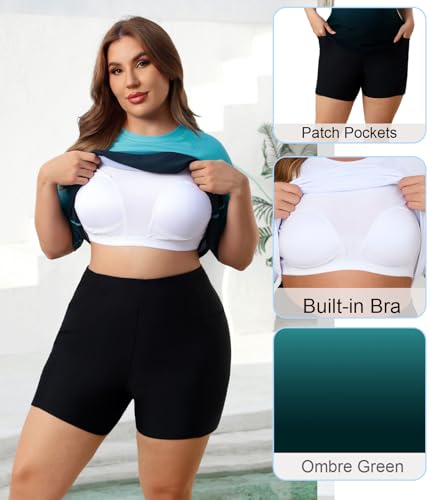 Halcurt Women's Plus Size Swimsuit with Shorts Rash Guard Swimwear Swim Suit Shirt Boy Shorts Built in Bra Swim Tee Ombre Green 2X - Image 5
